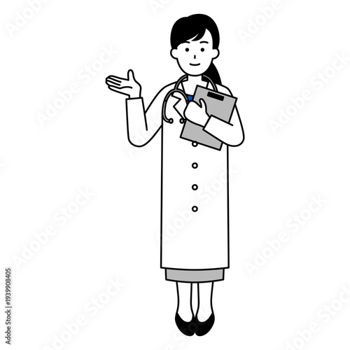 右手で案内する医師の女性（全身）