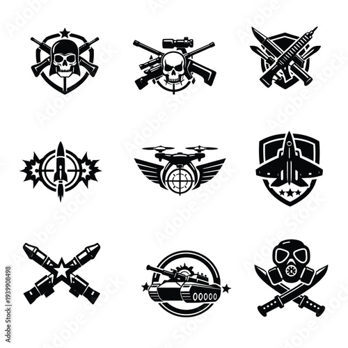 Military and tactical logo set. Vector icons featuring skulls, tanks, jet fighters, drones, and weaponry. Bold black and white emblems for gaming, defense, and private security branding