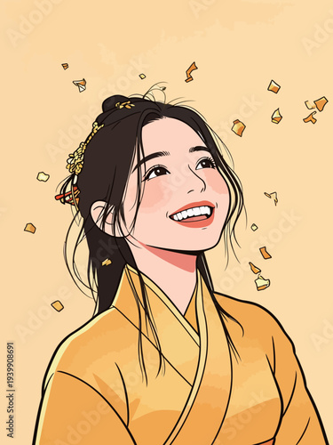 A woman in traditional dress smiles widely while gold confetti falls around her. She has flowers in her hair that add charm to her look.