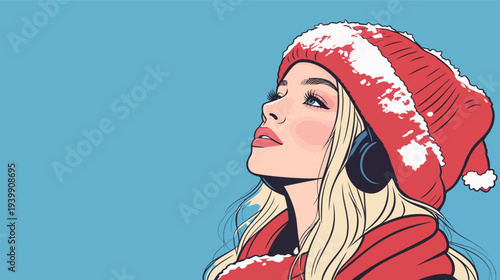 A young woman with long blonde hair wears a red hat and headphones. She looks up with a blue background during winter time.