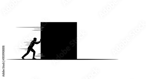 Silhouette of businessman pushing large heavy block forward against resistance symbolizing extreme effort, overcoming massive obstacles, and achieving significant difficult goals rapidly.