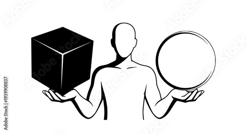 Person balancing a solid black cube and an empty white circle in hands, symbolizing choice, options, decisions, or comparison. This abstract black and white illustration represents fundamental element