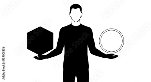Silhouette of person balancing a three dimensional cube object against a circular ring shape representing abstract choice or comparison concept.