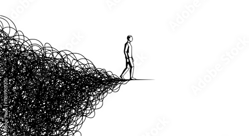 Stylized person walking away from a chaotic tangled mess of lines towards a clear, simple path on a clean white background symbolizing problem-solving and clarity.