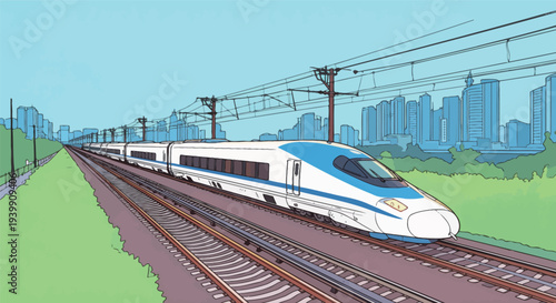 A high-speed train moves along tracks near a city with tall buildings and greenery under clear skies. The scene shows urban life and transport.
