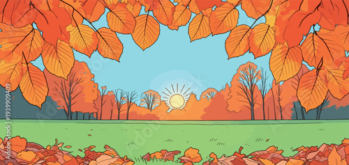 Sunlight breaks through orange leaves of trees in a forest. A grassy field is covered in fallen leaves as autumn begins.