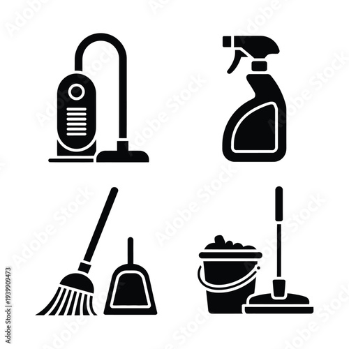 Four black and white cleaning tools set vacuum cleaner