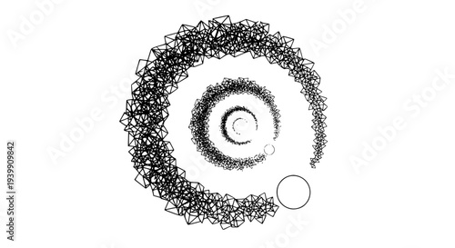 Abstract geometric spiral structure composed of numerous intricate polygonal shapes forming a dynamic, complex pattern on a minimalist white background, perfect for technology, data, or scientific con