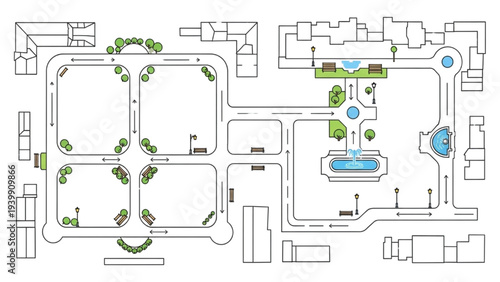 Urban planning map for city layout with roads, parks, and buildings