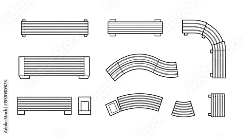 Diverse Outdoor Public Bench Designs A Collection of Urban Seating Layouts in Line Art Style