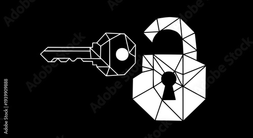 Geometric white line art illustration of an open padlock and key symbols representing access freedom security unlocking secrets data privacy concepts against black background.
