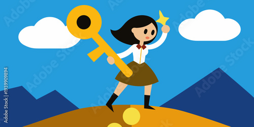 woman on top of a mountain carries a big surreal key, solution concept
