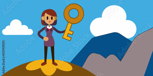 woman on top of a mountain carries a big surreal key, solution concept
