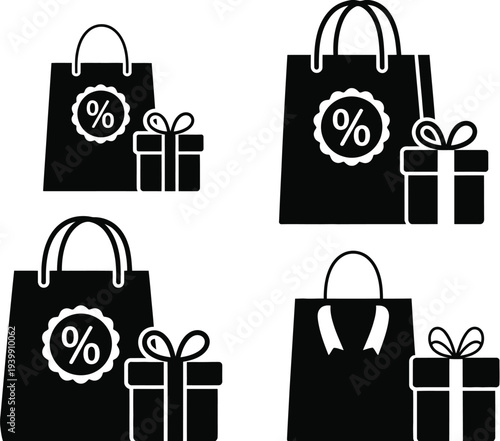 Four black shopping bags with gift boxes and percentage symbols