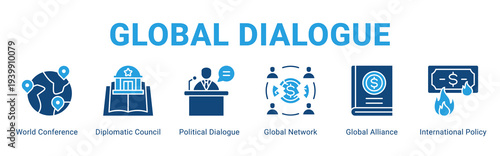 Global Dialogue web banner icon concept,  with World Conference, Diplomatic Council, Political Dialogue, Global Network, Global Alliance, Interna.