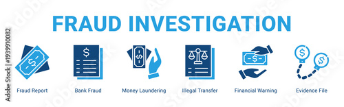 Fraud Investigation web banner icon concept,  with Fraud Report, Bank Fraud, Money Laundering, Illegal Transfer, Financial Warning, Evidence File.