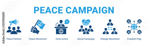 Peace Campaign web banner icon concept,  with Peace Petition, Peace Movement, Unity Action, Social Campaign, Change Movement, Freedom Flag.