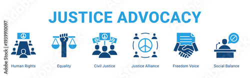 Justice Advocacy web banner icon concept,  with Human Rights, Equality, Civil Justice, Justice Alliance, Freedom Voice, Social Balance.