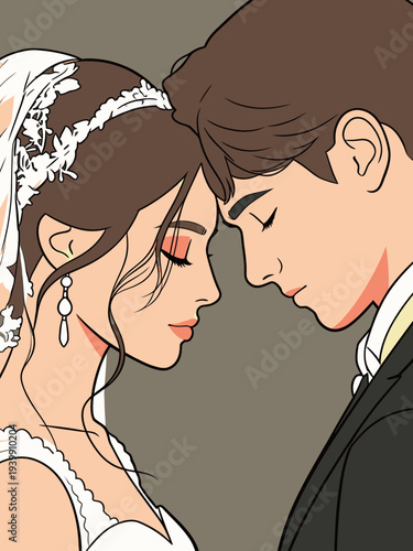 A bride and groom lean their foreheads together, showing love and connection during their wedding ceremony indoors.