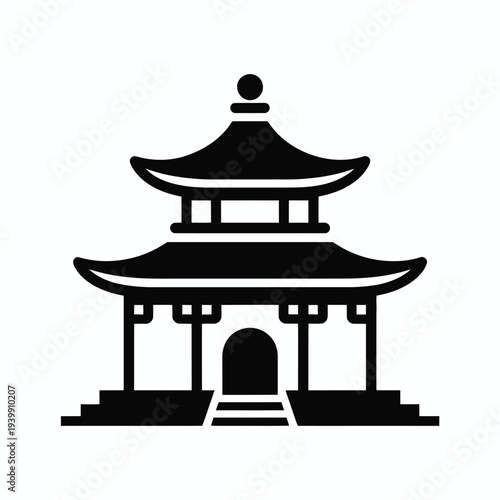 Front view of a three tier chinese pagoda with upturned eaves