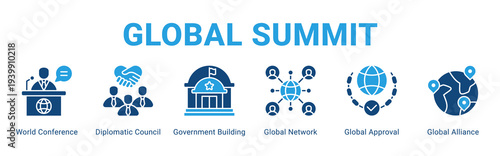 Global Summit web banner icon concept,  with World Conference, Diplomatic Council, Government Building, Global Network, Global Approval, Global.