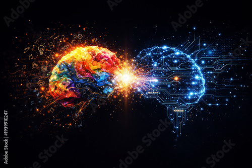 Human Brain vs Artificial Intelligence Digital Brain Concept, Human Creativity and AI Technology Collision