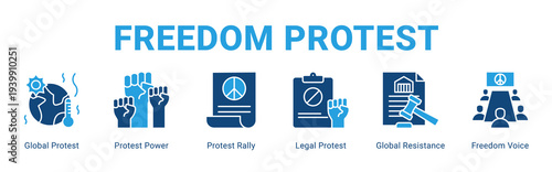 Freedom Protest web banner icon concept,  with Global Protest, Protest Power, Protest Rally, Legal Protest, Global Resistance, Freedom.