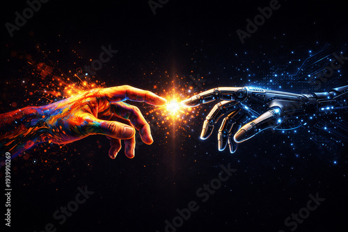 Human Hand Touching AI Robot Hand, Artificial Intelligence and Humanity Connection Concept