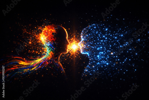 Human Creativity vs AI Creativity Concept, Artistic Mind and Artificial Intelligence Innovation