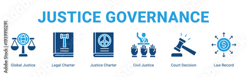 Justice Governance web banner icon concept,  with Global Justice, Legal Charter, Justice Charter, Civil Justice, Court Decision, Law Rec.
