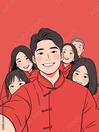 A group of six friends smiles for a selfie while dressed in red outfits. They are enjoying a festive moment together.