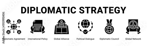 Diplomatic Strategy web banner icon concept,  with Diplomatic Agreement, International Policy, Global Alliance, Political Dialogue, Diplomatic Council, Global Network.