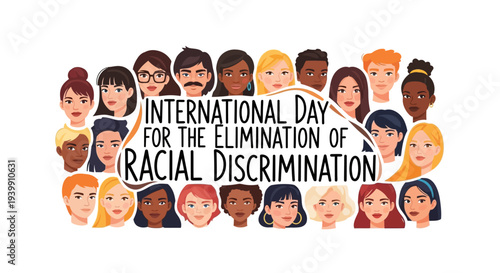 Illustration of diverse people celebrating International Day for the Elimination of Racial Discrimination with a colorful design promoting unity and equality on a white background.