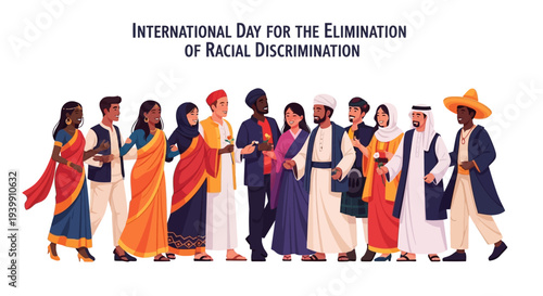 Diverse group of people walking together in traditional clothing for International Day for the Elimination of Racial Discrimination, promoting unity and equality on a white background with