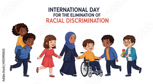 Illustration of diverse children and adults walking together in unity for the International Day for the Elimination of Racial Discrimination with a colorful and inclusive design.