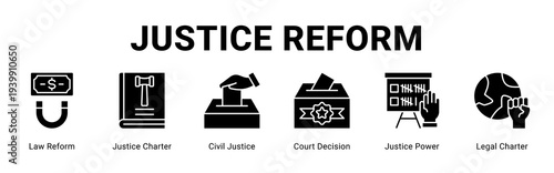 Justice Reform web banner icon concept,  with Law Reform, Justice Charter, Civil Justice, Court Decision, Justice Power, Legal Charter.