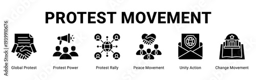 Protest Movement web banner icon concept,  with Global Protest, Protest Power, Protest Rally, Peace Movement, Unity Action, Change Movemen.
