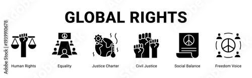 Global Rights web banner icon concept,  with Human Rights, Equality, Justice Charter, Civil Justice, Social Balance, Freedom Voice.
