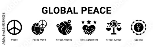 Global Peace web banner icon concept,  with Peace, Peace World, Global Alliance, Trust Agreement, Global Justice.