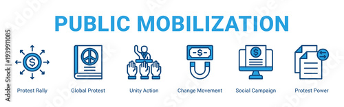 Public Mobilization web banner icon concept,  with Protest Rally, Global Protest, Unity Action, Change Movement, Social Campaign, Protest Power.
