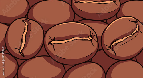 Brown coffee beans are displayed closely together, showing their shape and texture. The surface is smooth and round.