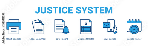 Justice System web banner icon concept,  with Court Decision, Legal Document, Law Record, Justice Charter, Civil Justice, Justice Power.