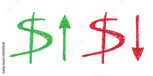 Hand drawn dollar currency symbol Growth and fall profit with arrow up and down Brush stroke doodle Element for design