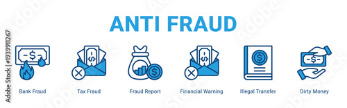Anti Fraud web banner icon concept,  with Bank Fraud, Tax Fraud, Fraud Report, Financial Warning, Illegal Transfer, Dirty Money.