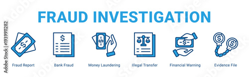 Fraud Investigation web banner icon concept,  with Fraud Report, Bank Fraud, Money Laundering, Illegal Transfer, Financial Warning, Evidence File.