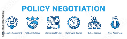 Policy Negotiation web banner icon concept,  with Diplomatic Agreement, Political Dialogue, International Policy, Diplomatic Council, Global Approval, Trust Agreeme.