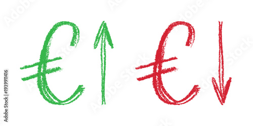 Hand drawn euro currency symbol Growth and fall profit with arrow up and down Brush stroke doodle Element for design