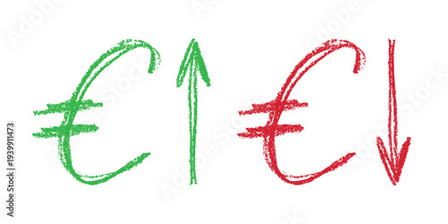 Hand drawn euro currency symbol Growth and fall profit with arrow up and down Brush stroke doodle Element for design