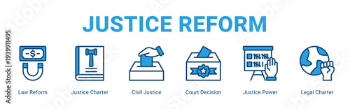 Justice Reform web banner icon concept,  with Law Reform, Justice Charter, Civil Justice, Court Decision, Justice Power, Legal Charter.