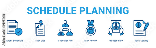 Schedule Planning web banner icon concept,  with Event Schedule, Task List, Checklist File, Task Review, Process Flow, Task Se.